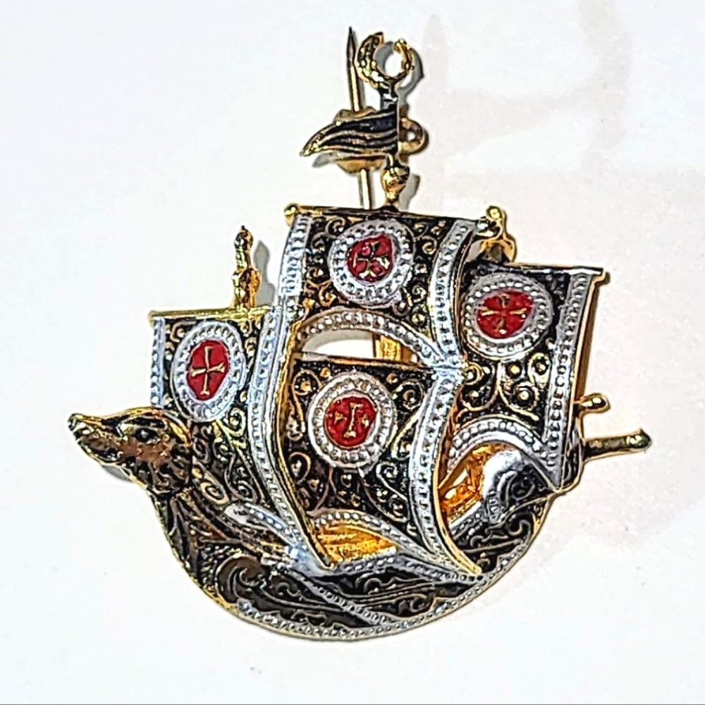 DAMASCENE SPANISH ARMADA SAILING SHIP BROOCHES - PIRATE SHIP, MALTESE CROSS - Picture 6 of 13